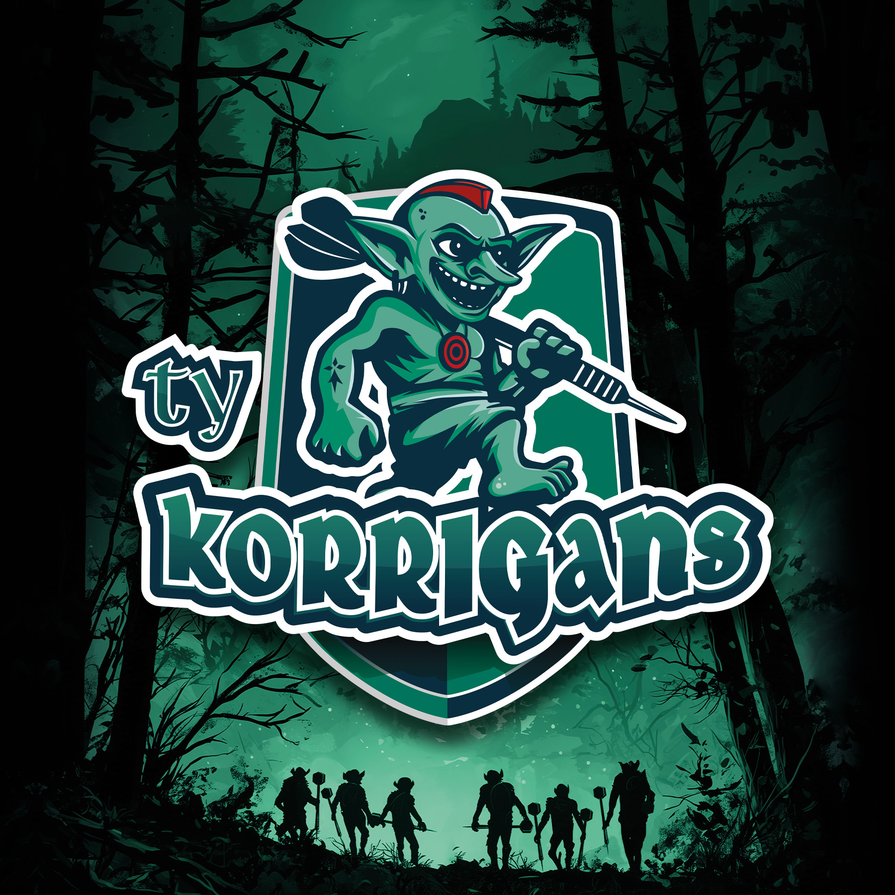 Logo de l’équipe de fléchettes Ty Korrigans représentant un korrigan tenant une fléchette devant une forêt.