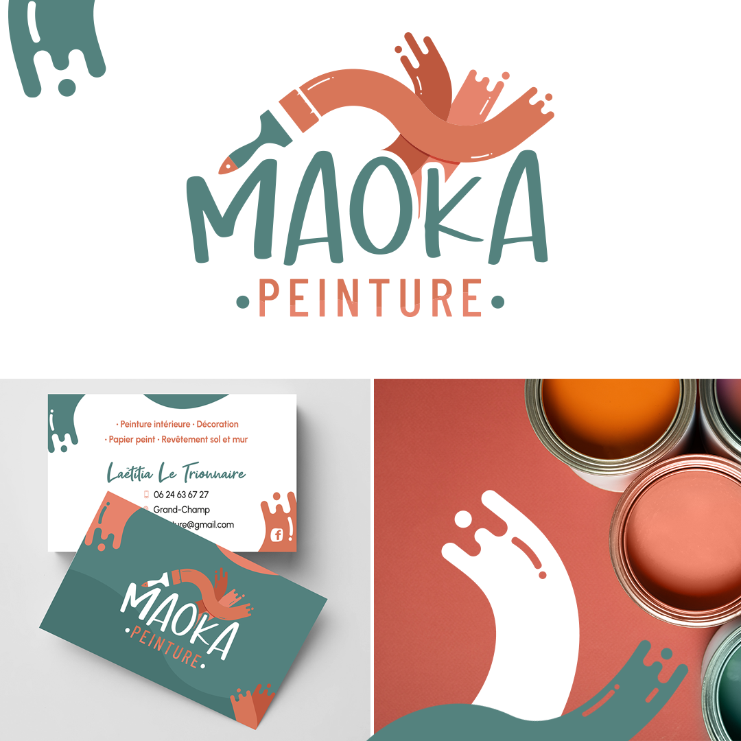 Logo Maoka Peinture accompagné de cartes de visite aux formes colorées inspirées de la peinture.
