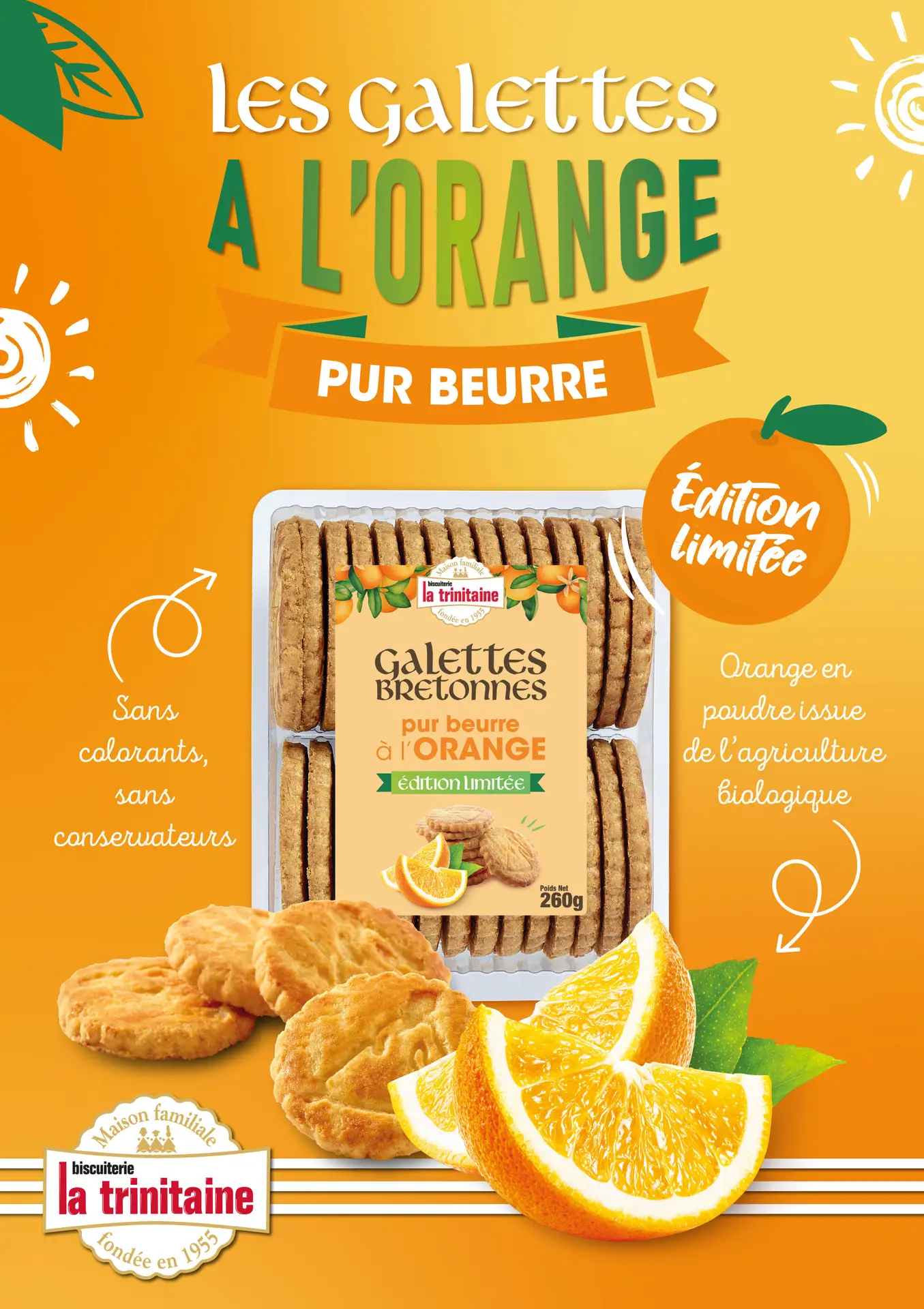 Affiche orange présentant les galettes à l’orange de La Trinitaine et leur packaging en édition limitée.