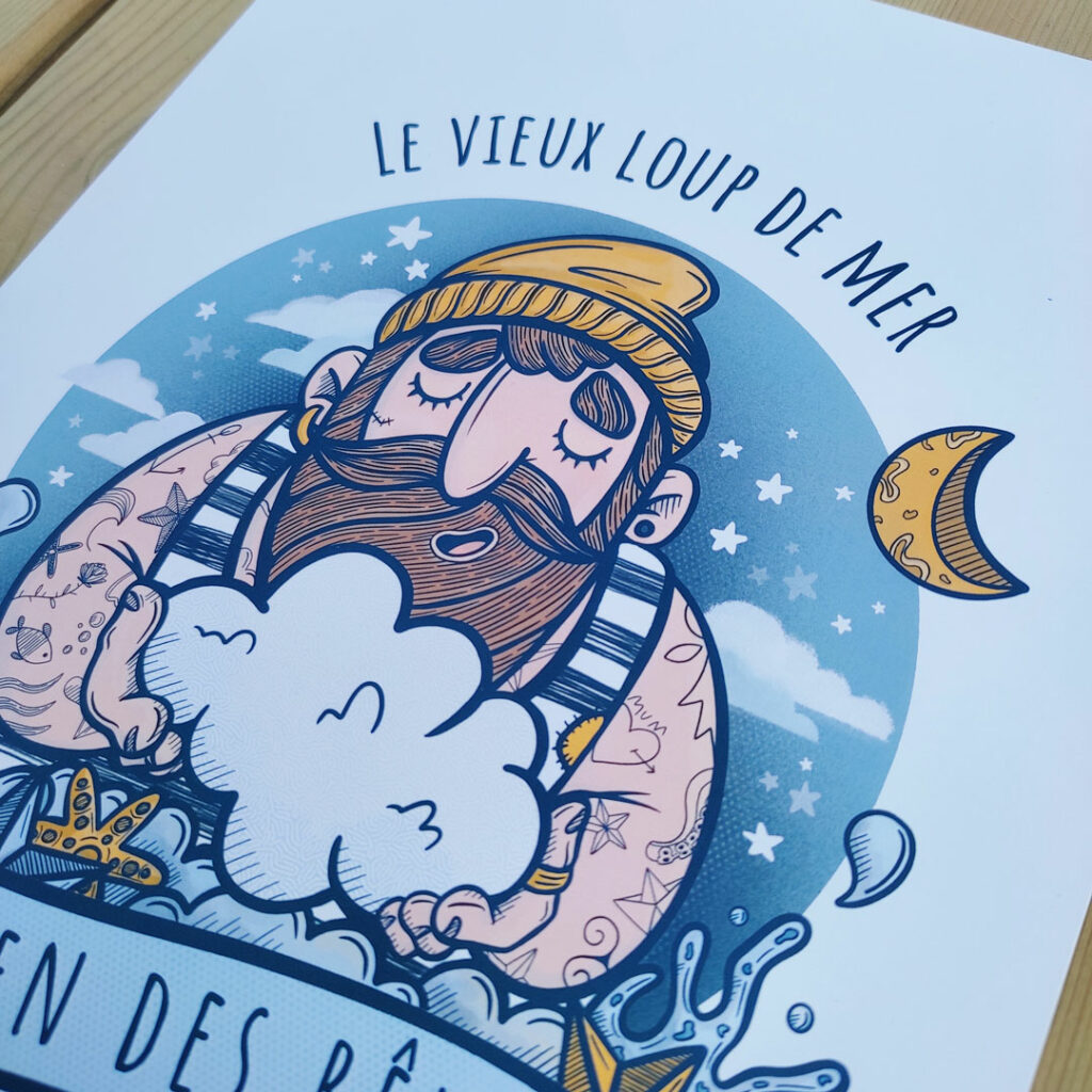 Illustration jeunesse représentant un vieux loup de mer, un marin attendrissant enfantin