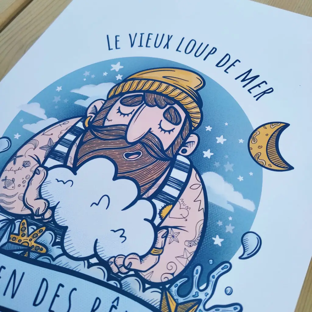 Illustration jeunesse représentant un vieux loup de mer, un marin attendrissant enfantin