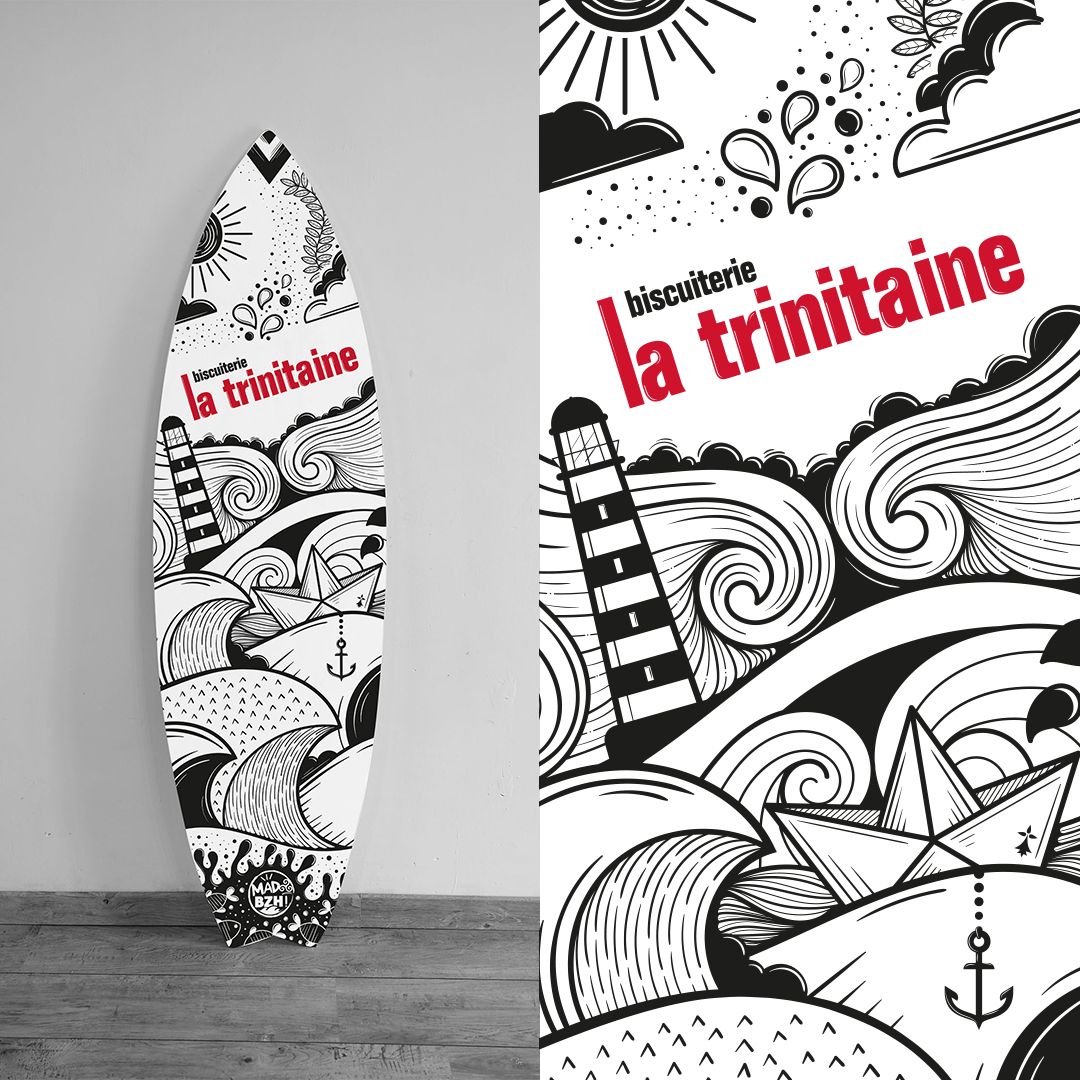 PlanchE de surf décorée d’illustrations noires et blanches pour les magasins La Trinitaine.