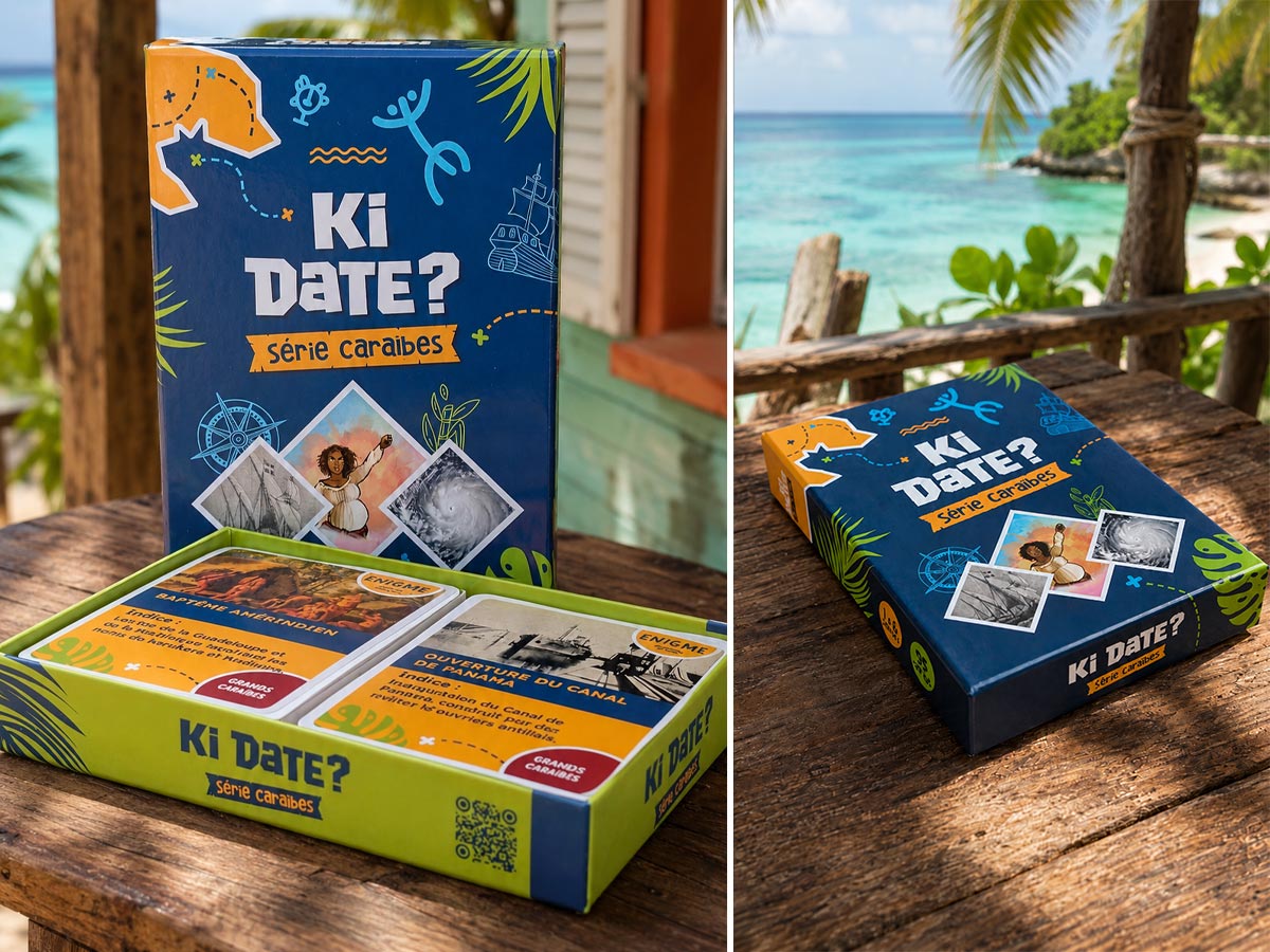 Boîte et cartes du jeu Ki Daté ? conçues pour Jeux Caraïbes et présentées dans un décor tropical.