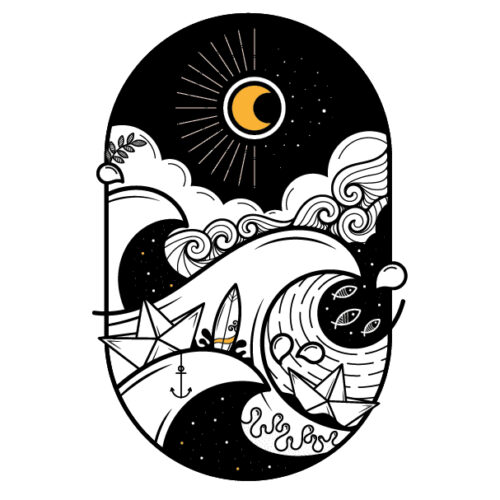 Affiche Lune & Soleil A4 avec vagues, bateaux et croissant de lune
