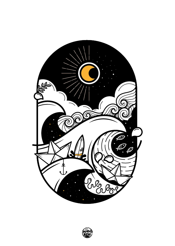 Affiche Lune & Soleil A4 avec vagues, bateaux et croissant de lune