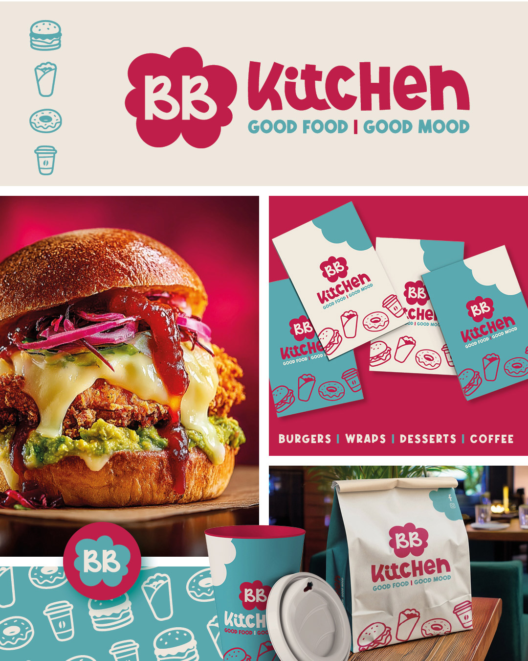 Présentation de l’identité visuelle colorée de BB Kitchen avec logo, supports graphiques et univers street food.