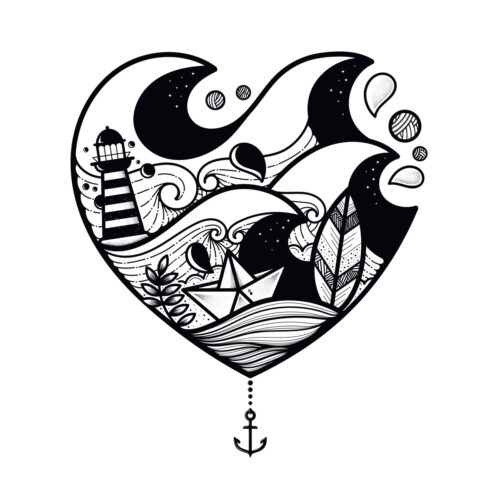 Illustration bretonne en forme de cœur avec phare, vagues, bateau en papier, feuillage et ancre, dessinée en noir et blanc