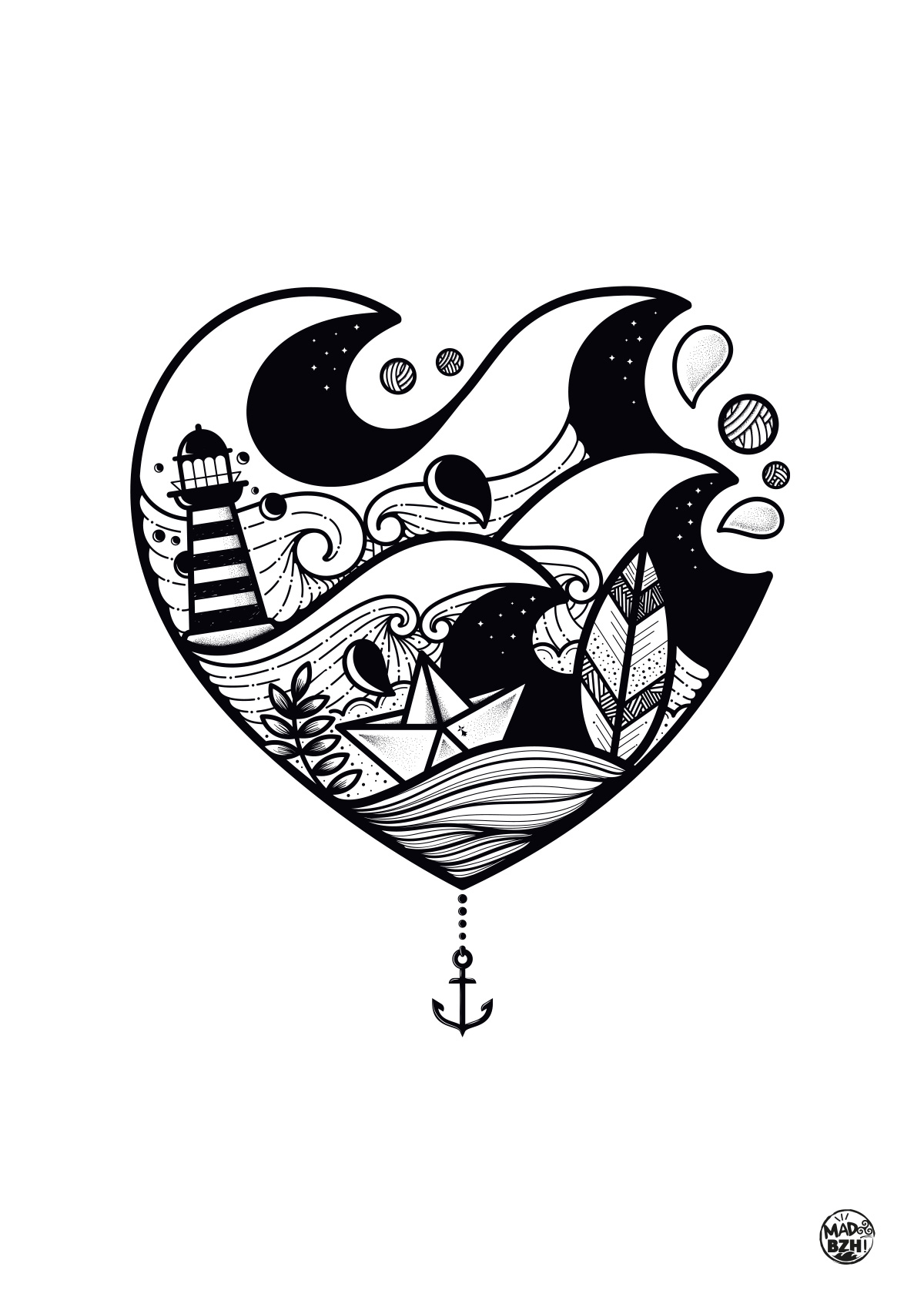 Illustration bretonne en forme de cœur avec phare, vagues, bateau en papier, feuillage et ancre, dessinée en noir et blanc